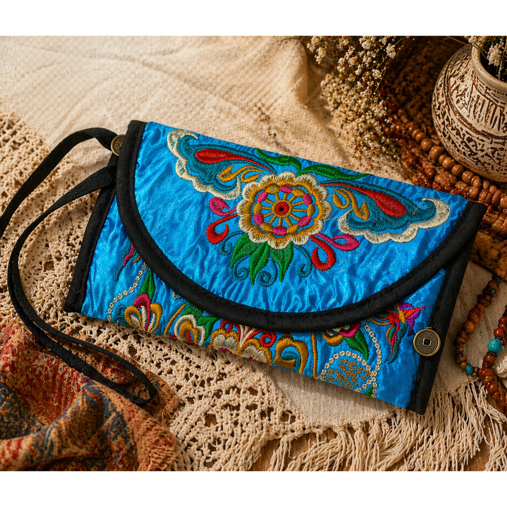 Vintage Chinese Embroidered Satin Wallet Pouch Blue Floral Wrist Strap Snap Boho